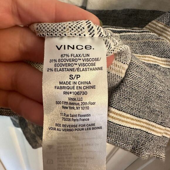 Vince Men's Engineered Stripe Short Sleeve Button Down Shirt White Linen Blend - Picture 6 of 7